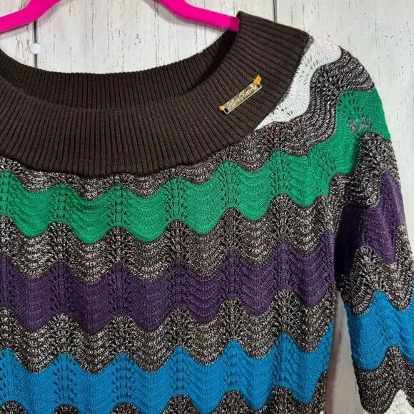 Apple Bottoms Womens Y2K Sweater Knit Zig Zag Brown Green Crewneck Long Sleeve - Picture 3 of 15